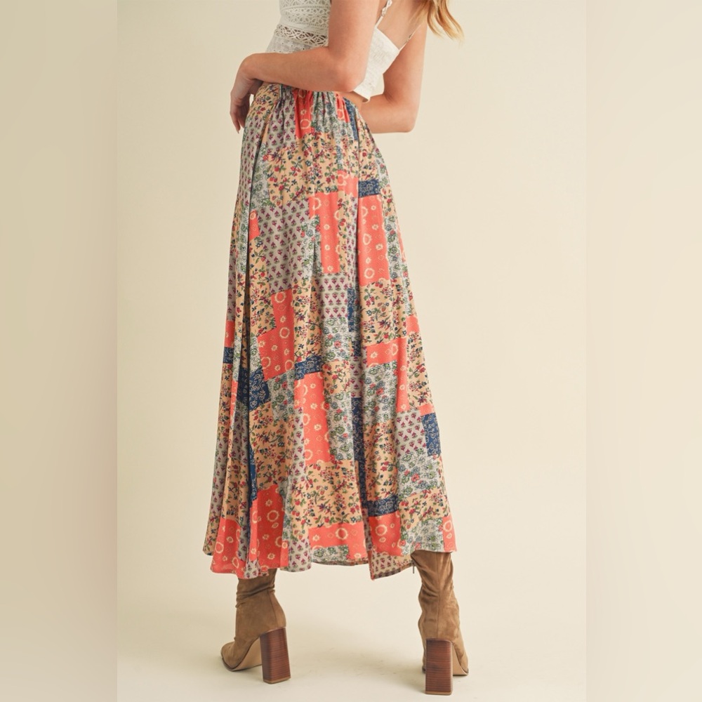 664. LAST 1! Patchwork printed Orange Blue Maxi Skirt Bohemian Multicolor Boho - Picture 2 of 3